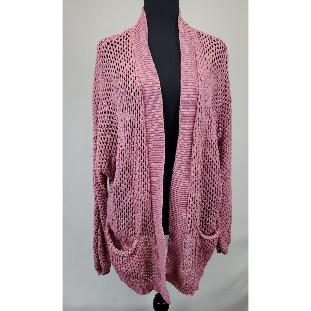 Arizona Jean Open Cardigan Fishnet Sweater Women L Pointelle Pink Pockets